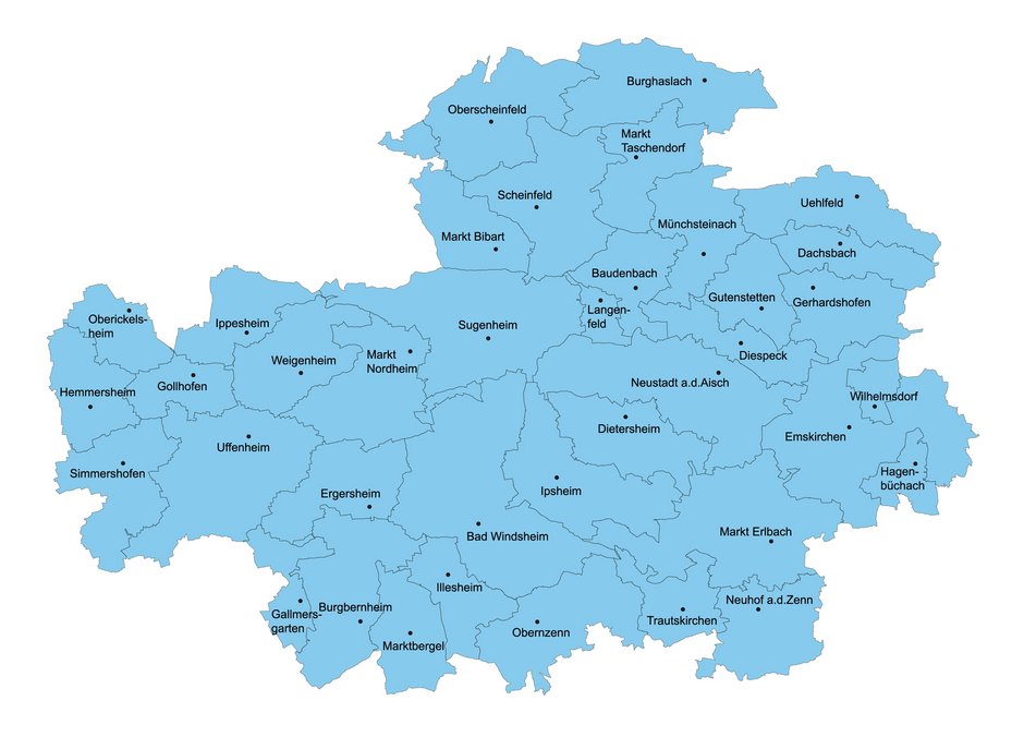 Überblickskarte mit den 38 Gemeinden in Frankens Mehrregion