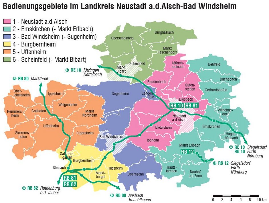 Karte, in der alle Bedienungsgebiete im Landkreis eingezeichnet sind