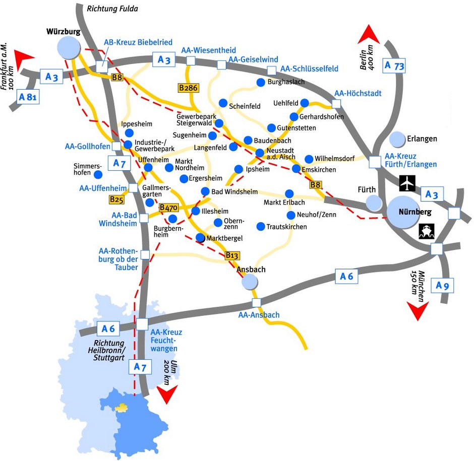 karte_landkreis_nea_infrastruktur Karte Standort Frankens Mehrregion - Straßen, Gemeinden, Lage in Deutschland, Anbindung an die Ballungszentren.