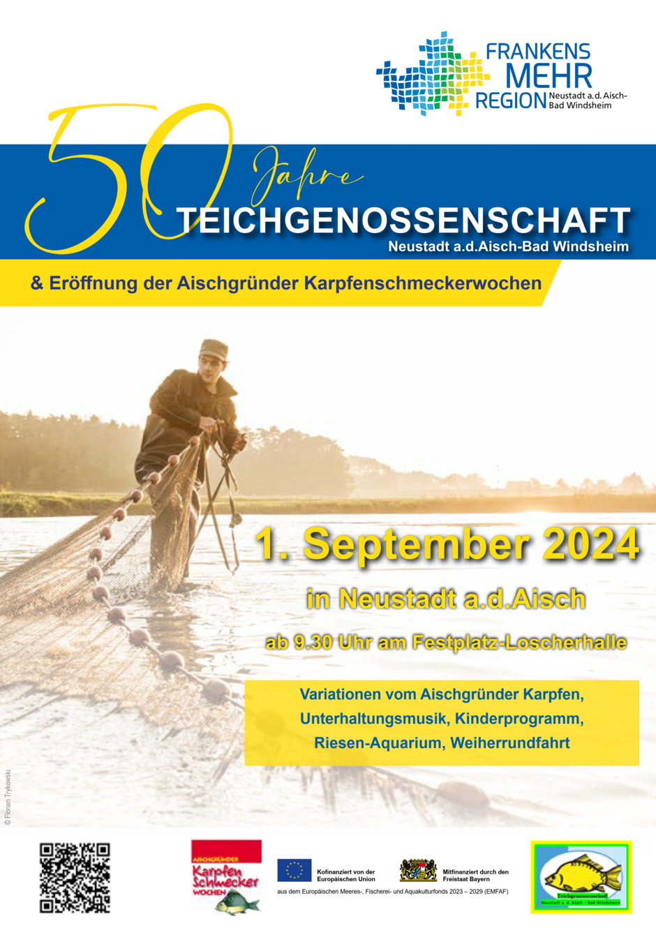 Veranstaltungshinweis 50 Jahre Teichgenossenschaft Neustadt a.d.Aisch-Bad Windsheim & Eröffnung der Aischgründer Karpfenschmeckerwochen 2024 am 1. September in Neustadt a.d.Aisch
