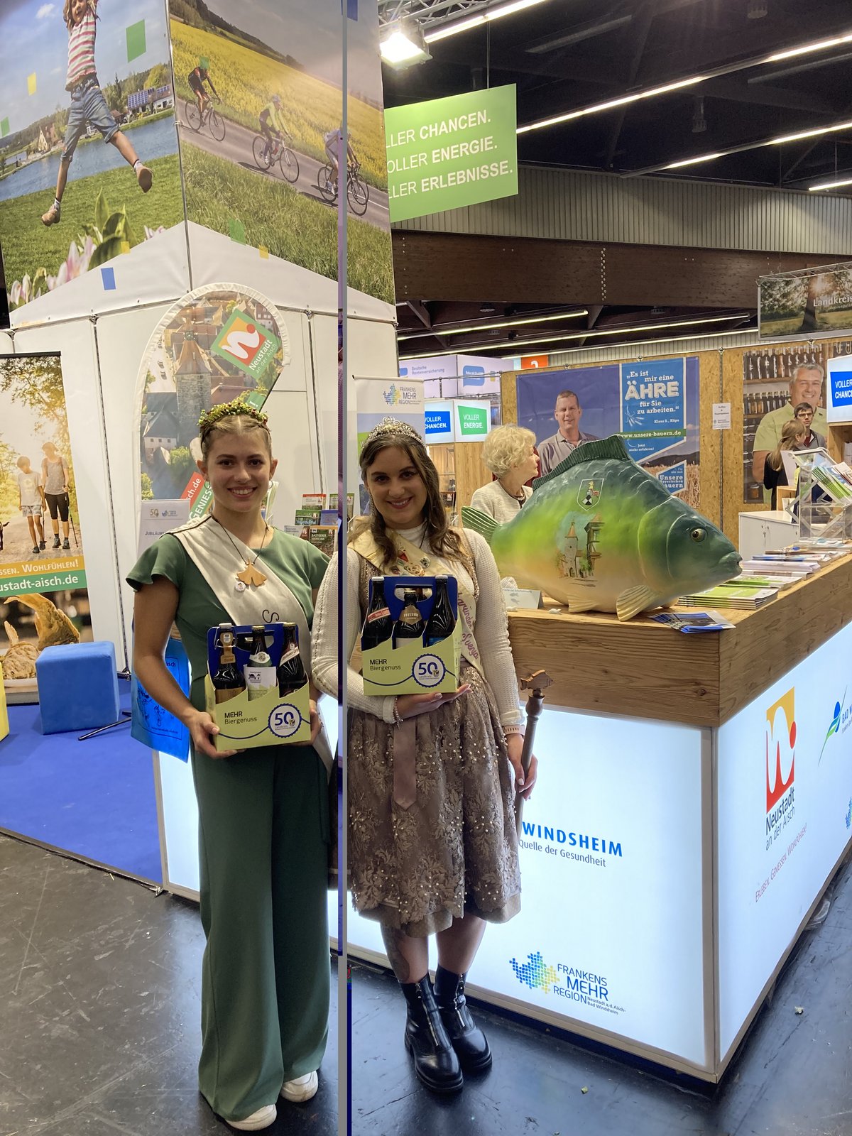 Hoher Besuch von der Aischgründer Karpfenkönigin und der Scheinfelder Holzfee am Stand von Frankens Mehrregion